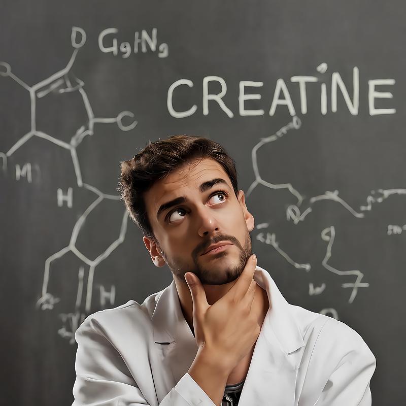 A man in a white lab coat thoughtfully gazes upward in front of a chalkboard displaying creatine molecular structures. A man in a white lab coat thoughtfully gazes upward in front of a chalkboard displaying creatine molecular structures.